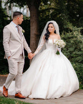 Stunning White Crew Beaded Lace Long Sleeves Ball Gown Long Wedding Dresses With Sequins